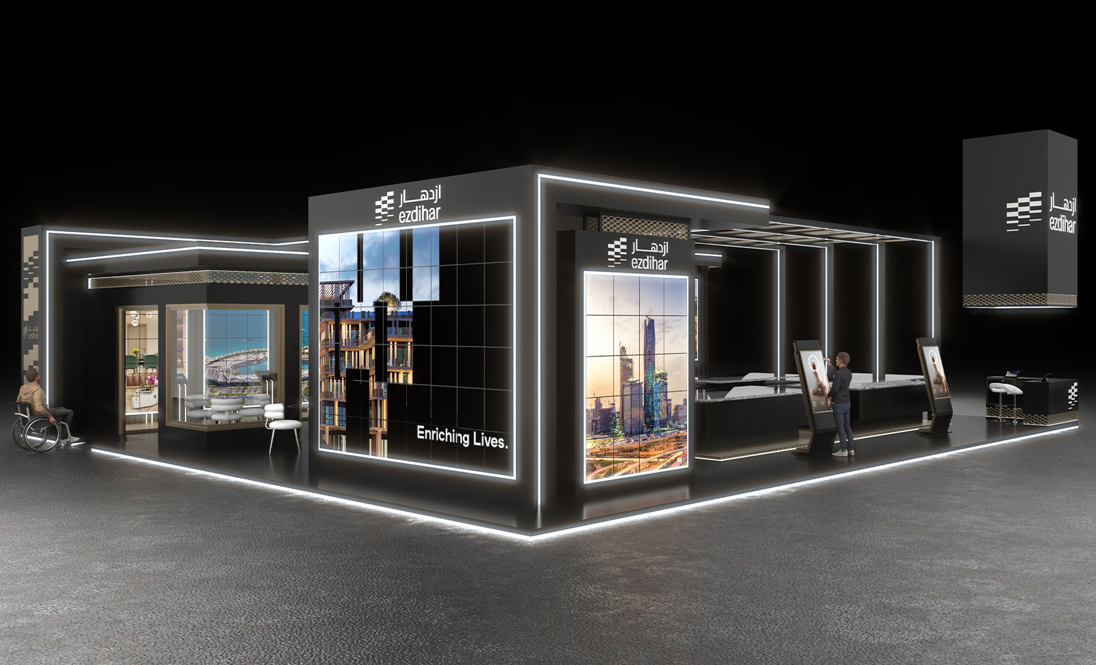 Front elevation of the booth with signage