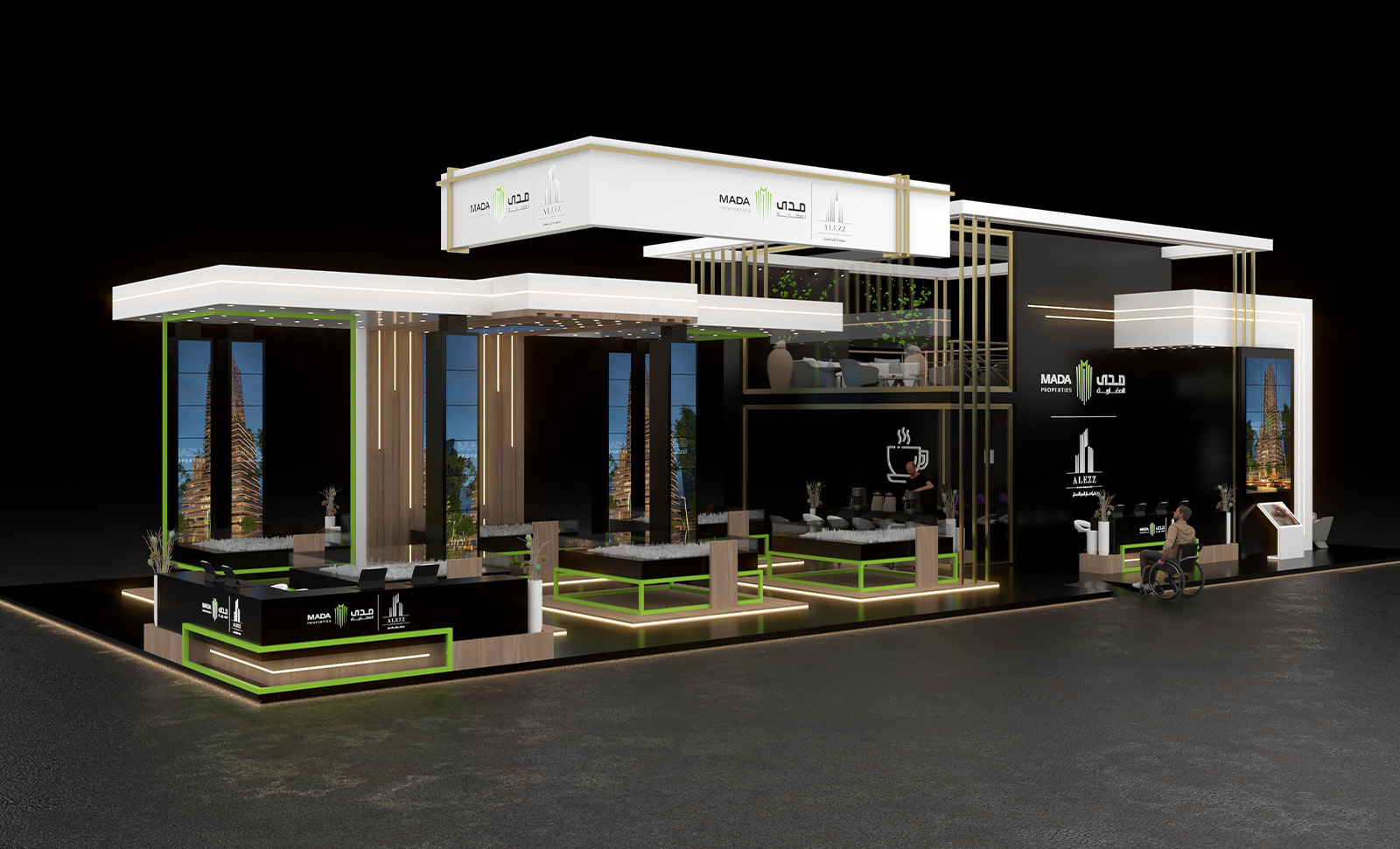 Front elevation of the booth with signage