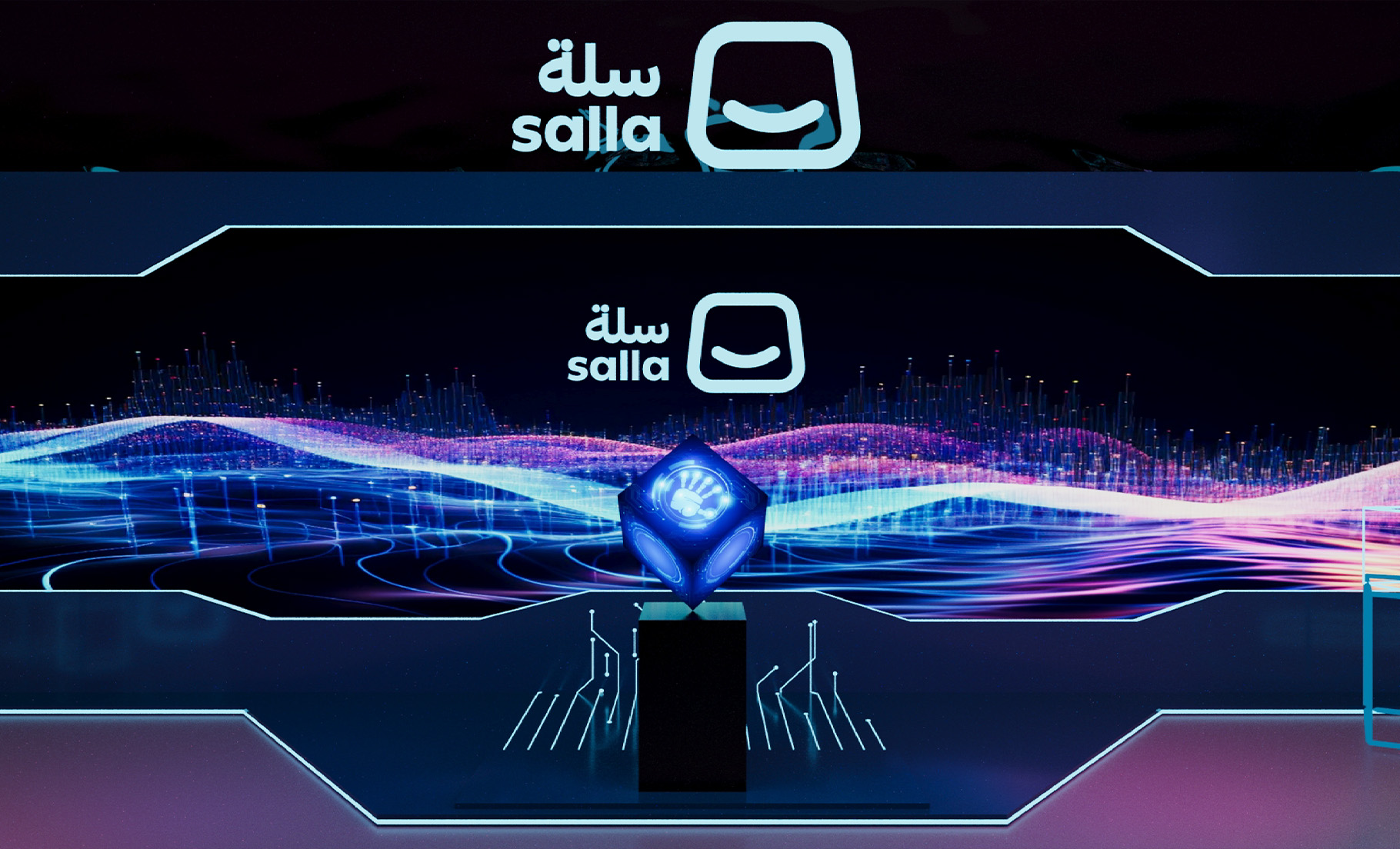 Front entrance and branded signage of the Salla event stand in Doha